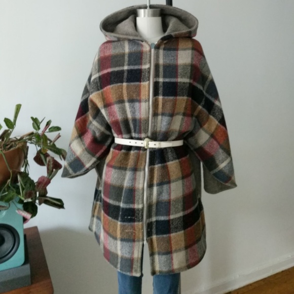 Reformation Vintage Plaid Pure Wool Cape Hooded Poncho - Picture 1 of 4